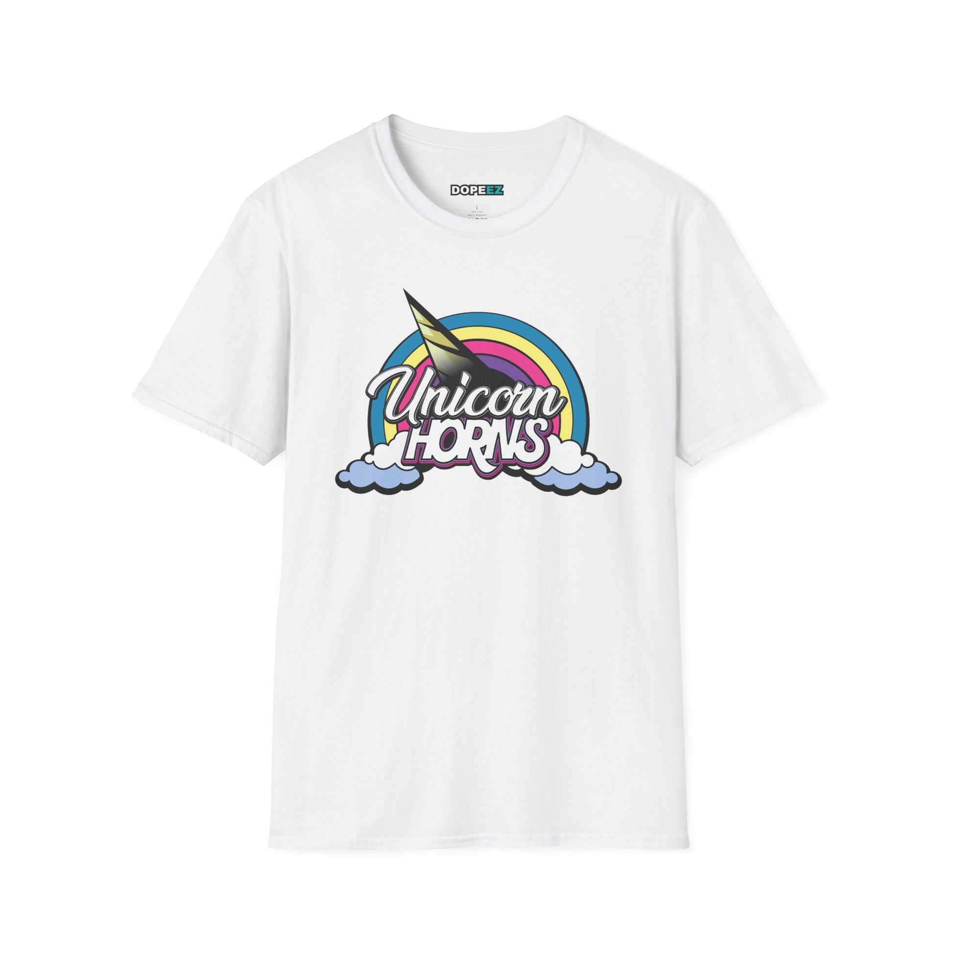 Unicorn Horns Graphic T-Shirt — Rainbow Retro Tee with Cloud Design