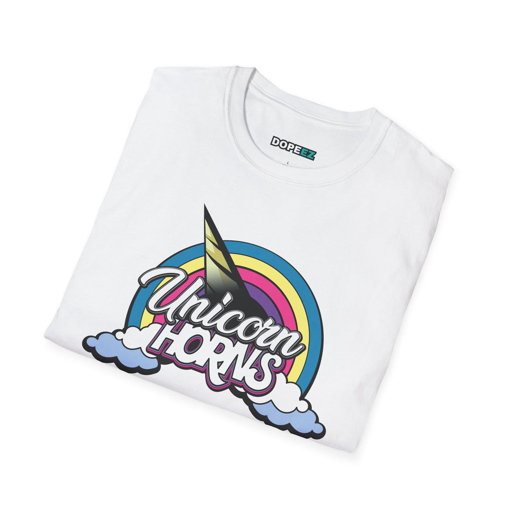 Unicorn Horns Graphic T-Shirt — Rainbow Retro Tee with Cloud Design