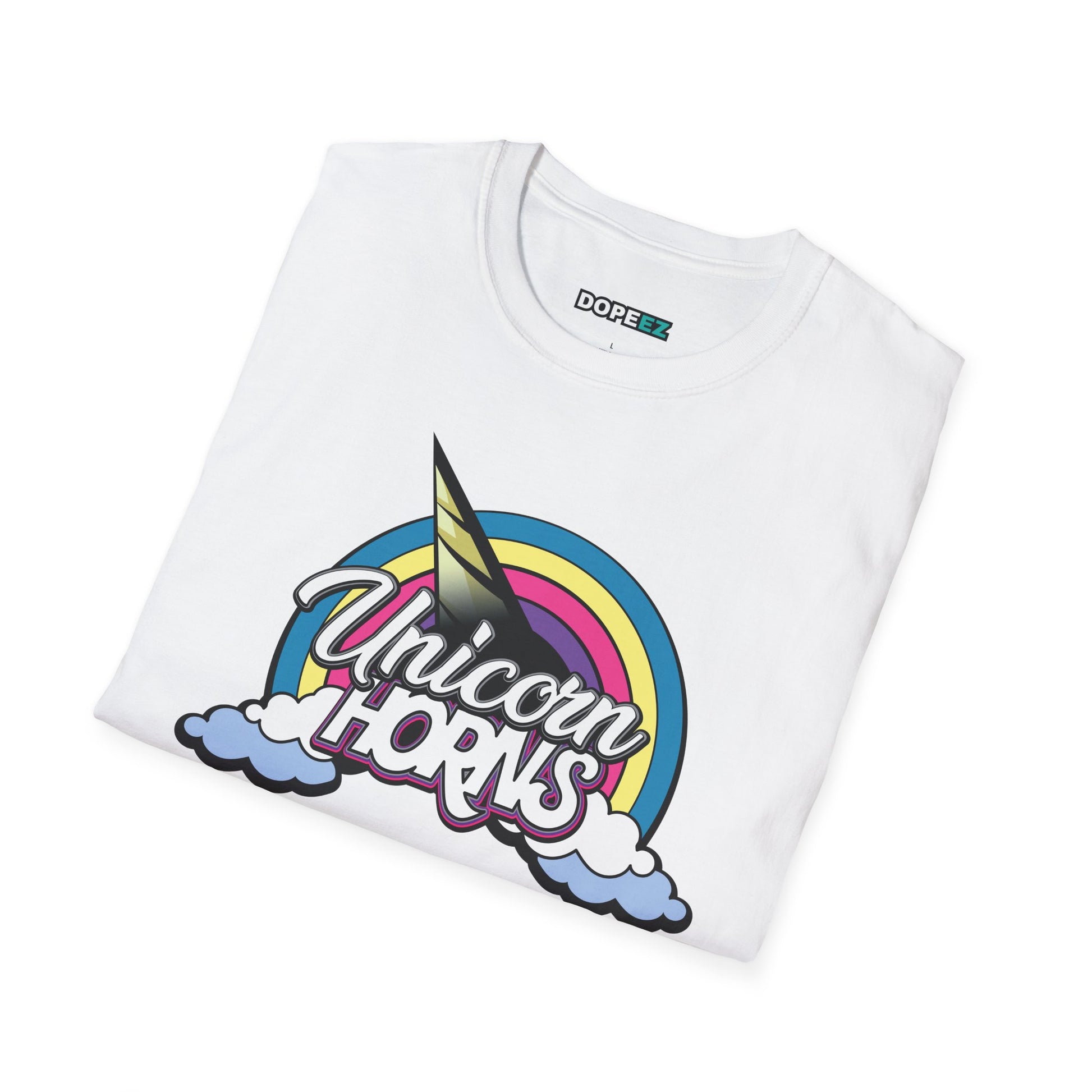 Unicorn Horns Graphic T-Shirt — Rainbow Retro Tee with Cloud Design
