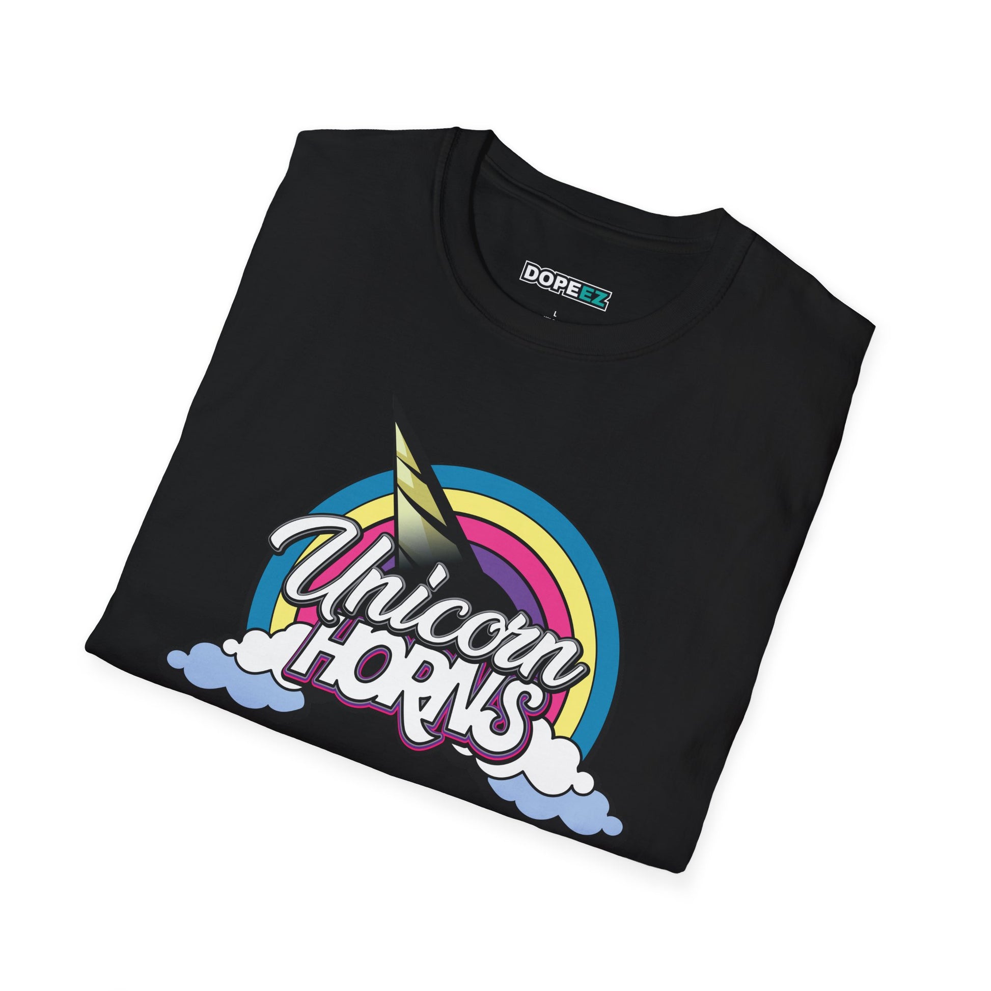 Unicorn Horns Graphic T-Shirt — Rainbow Retro Tee with Cloud Design