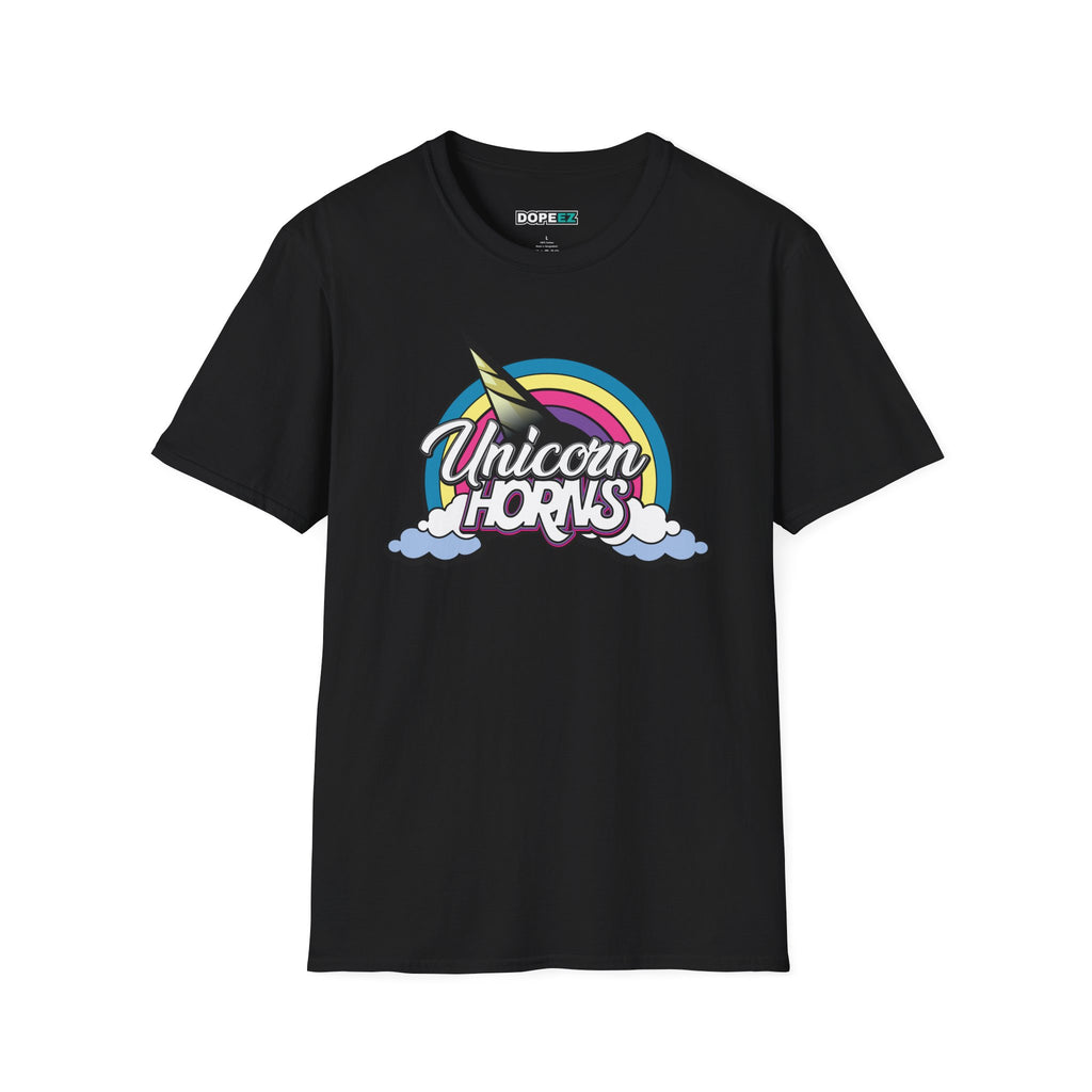 Unicorn Horns Graphic T-Shirt — Rainbow Retro Tee with Cloud Design