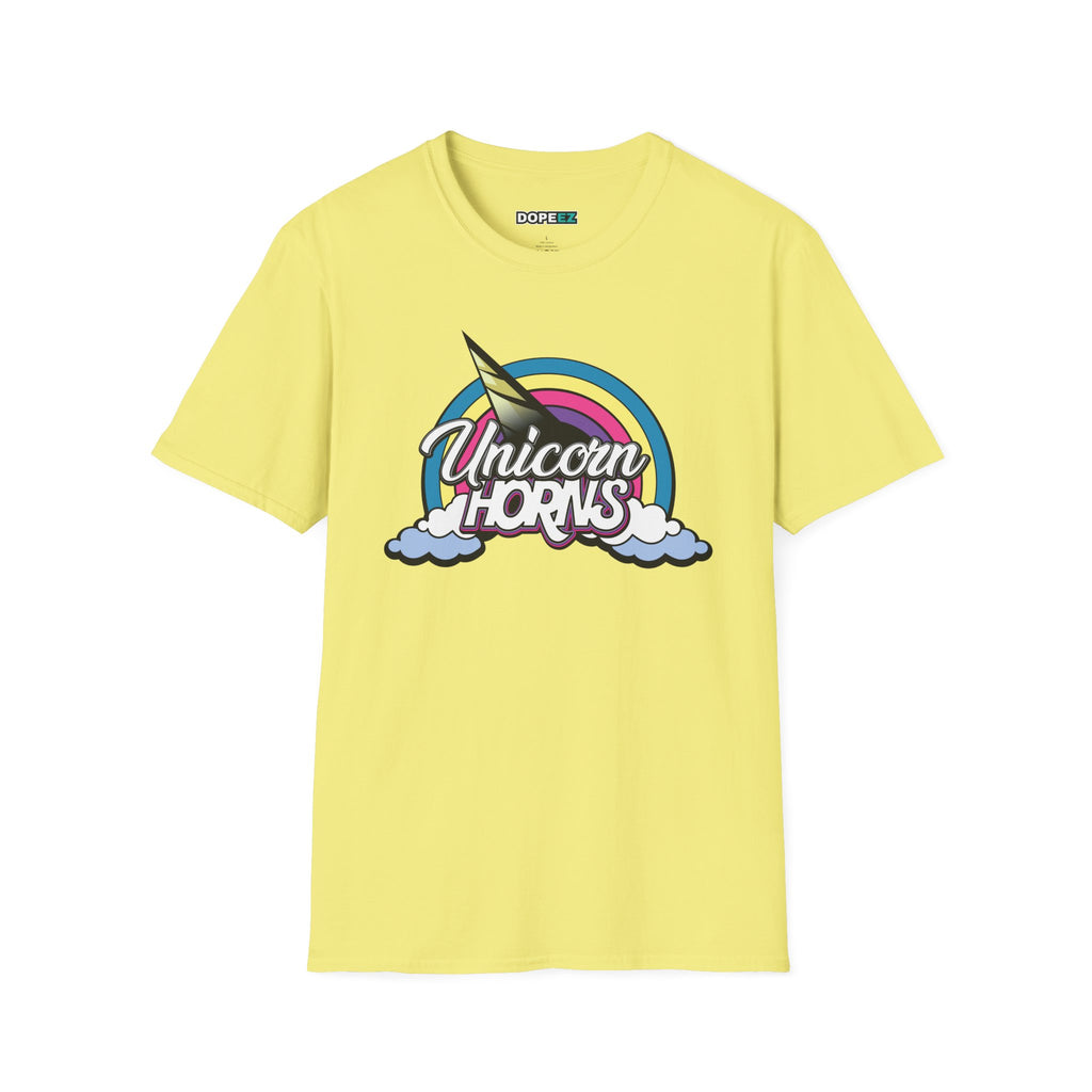 Unicorn Horns Graphic T-Shirt — Rainbow Retro Tee with Cloud Design