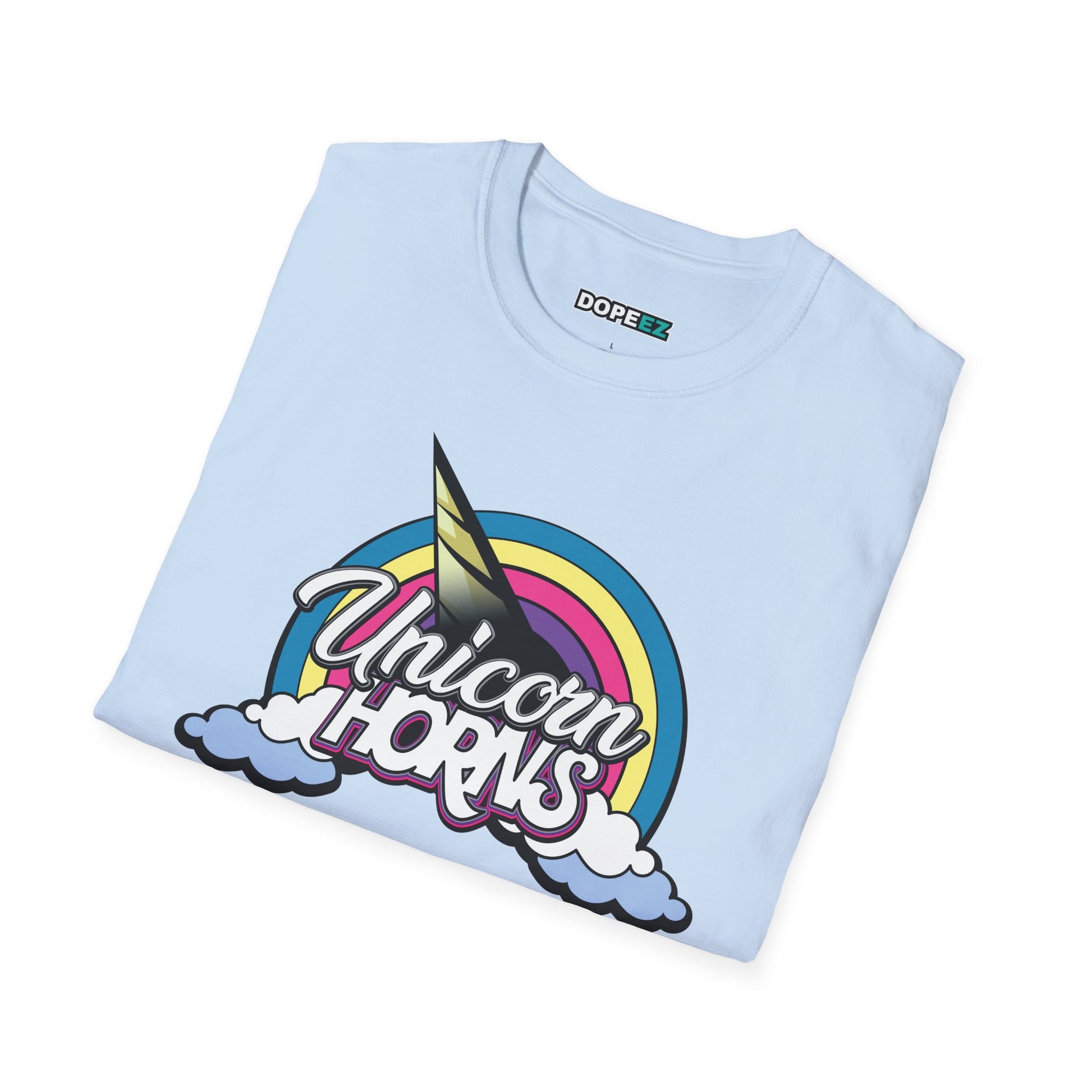 Unicorn Horns Graphic T-Shirt — Rainbow Retro Tee with Cloud Design