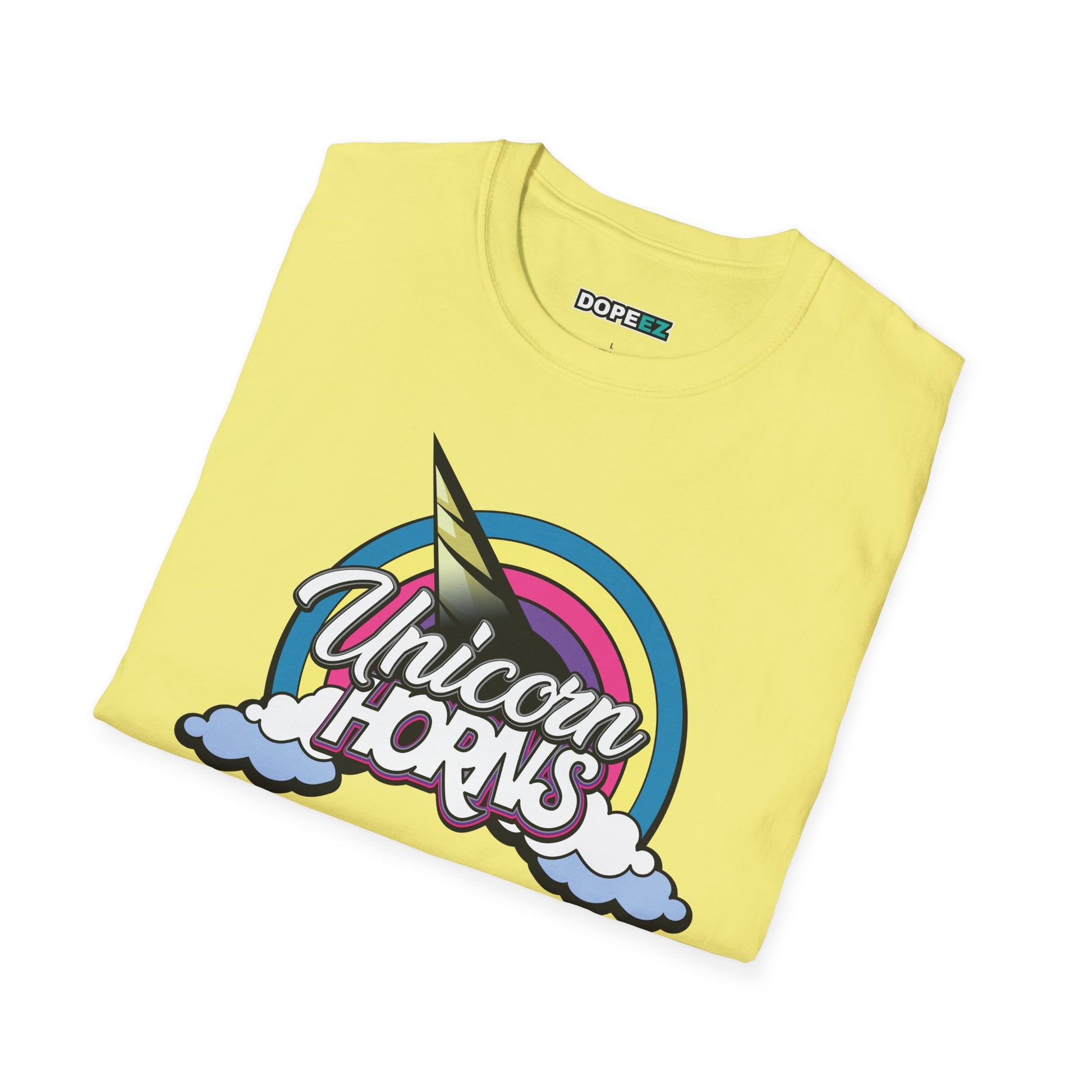 Unicorn Horns Graphic T-Shirt — Rainbow Retro Tee with Cloud Design