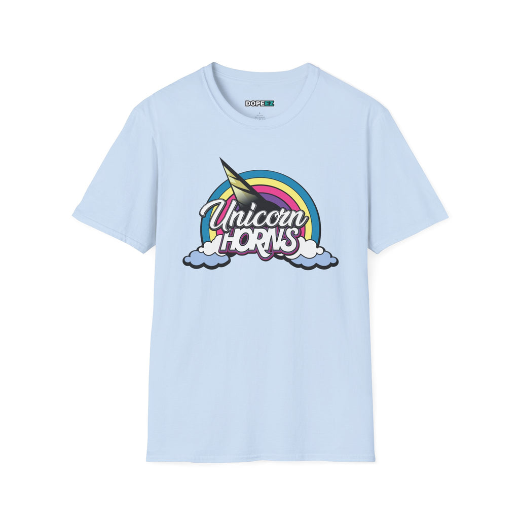 Unicorn Horns Graphic T-Shirt — Rainbow Retro Tee with Cloud Design